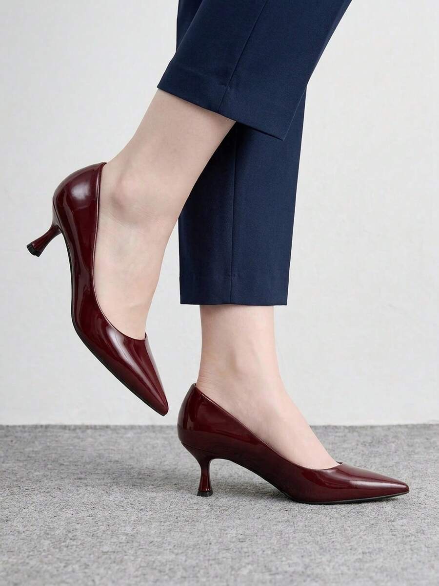 CUCCOO BIZCHIC 女士时尚黑色舒适尖头小猫跟一脚蹬鞋,适合通勤、约会、聚会和度假,春季鞋履,春假、复活节、圣诞节皆宜。 - 暗紅色 - 查看 1