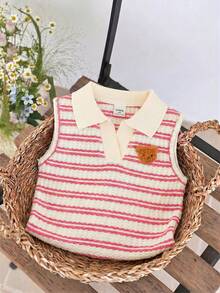 SHEIN LMoss Kids Áo polo kẻ sọc dệt kim hình gấu dễ thương cho bé gái, kiểu dáng thường ngày, thích hợp mặc mùa hè, quần áo trẻ em gái, áo polo kẻ sọc, áo kiểu mùa hè, trang phục đi học, trang phục hàng ngày. - Hồng - Xem 4