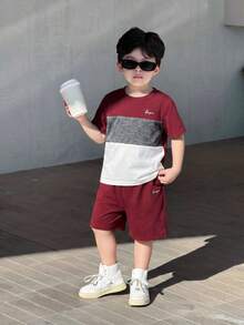 SHEIN Toddler Boys Colourblock Letter Graphic Tee & Shorts - Burgundy - View 2