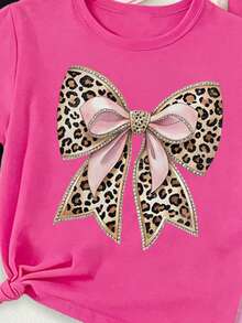 6pcs/Set Girls' Cute Leopard Print,Heart & Bow Graphic Short T-Shirt And Bike Shorts Outfits,Light Pink Summer Back-To-School School Casual Clothes - Multicolor - View 5