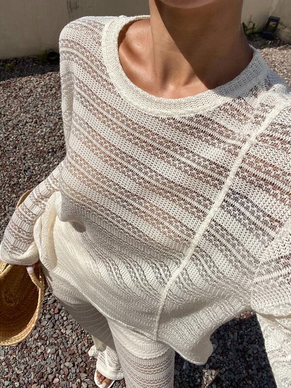 Livesso Damen Set aus einfarbigem, halbdurchsichtigem Top, Drop-Shoulder, weiten Ärmeln und langer Hose, geeignet für Frühling/Sommer, Strand/Urlaub
