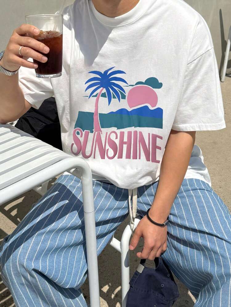 Summer Letter Graphic Print Foaming White Round Neck Men T-Shirt Vacation