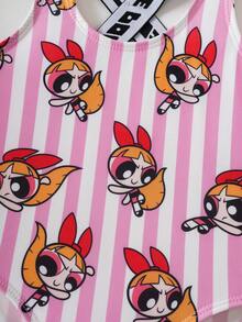 THE POWERPUFF GIRLS X SHEIN Bộ đồ bơi liền thân in hình hoạt hình kẻ sọc dành cho bé gái - Màu Hồng baby - Xem 4