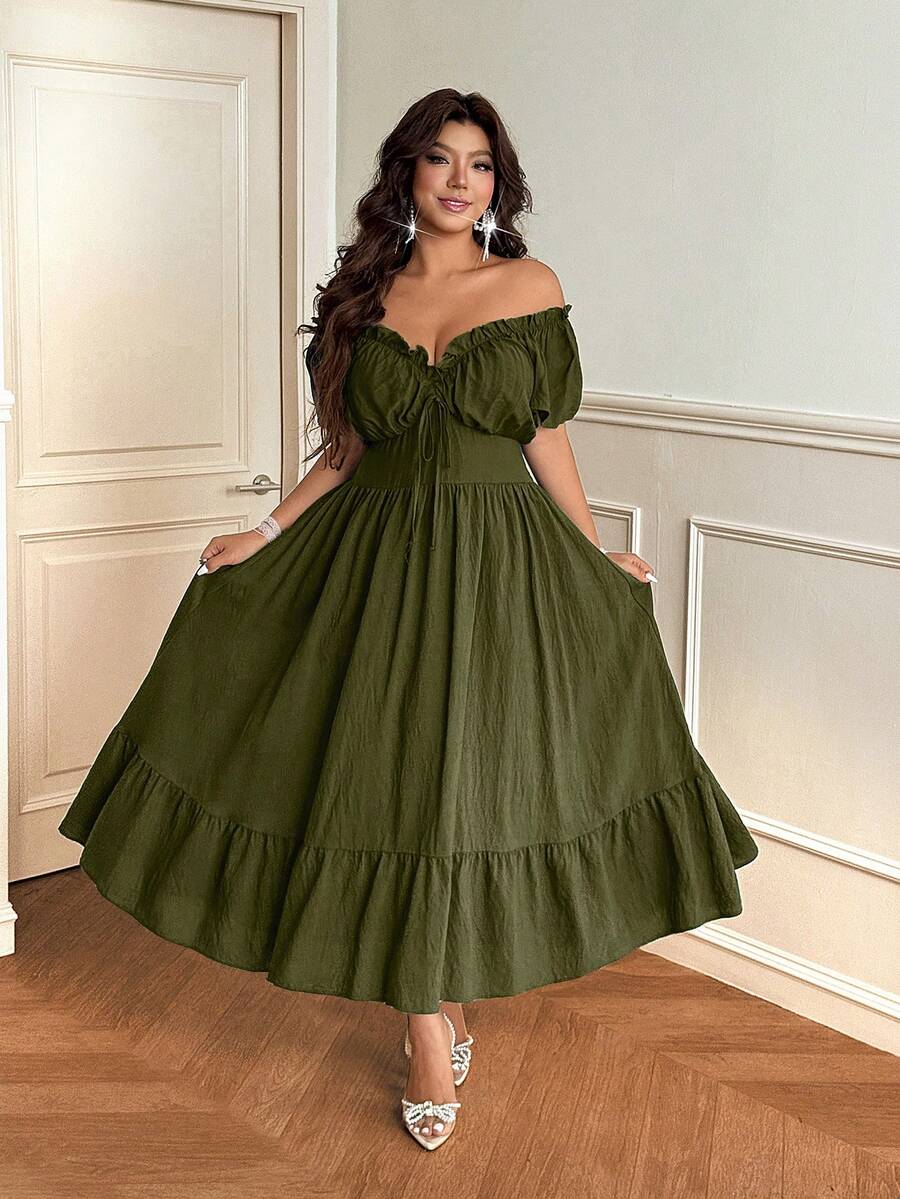 Vionelle Plus Size Retro Hong Kong Style Off Shoulder Ruched Elegant Short Sleeve Dress - Army Green - View 1