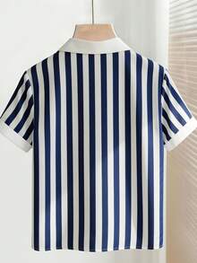 SHEIN Franclia Áo sơ mi nữ tay ngắn dáng rộng, cổ bẻ, kẻ sọc xanh dương thanh lịch, thích hợp mặc mùa hè, đi biển, mặc thường ngày, đi nghỉ mát, đi làm, công sở. - Màu xanh lam - Xem 2