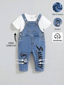 SHEIN 男婴休闲可爱小熊字母图案高弹力修身牛仔背带连体裤，休闲百搭，适合宝宝春夏穿着，春假街头风穿搭。 - 藍色 - 查看 6