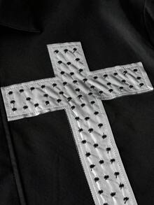 NEON BLANC 100% Cotton Twill Cross Embroidered Short Sleeve Shirt - Black - View 4