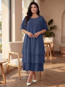 Auveirra Plus Size Casual Dress, White Round Neck Sleeveless Asymmetrical Flowing Hem Bohemian Dress, Suitable For Spring/Summer/Vacation Elegant - Dusty Blue - View 5