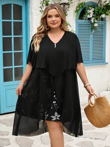 SHEIN CURVE+ Đầm giả hai mảnh cỡ lớn dành cho nữ, kiểu dáng thanh lịch, phù hợp để đi làm hoặc đi chơi. - Đen và trắng - Xem 8