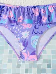SHEIN Tween Girls Purple Floral Print Bikini Sets,Cute Tropical Flower Pattern Ruffled Two-Piece Swimsuit,Knit Fabric Princess Style Summer Beach Holiday - Purple - View 5