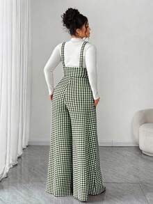 SHEIN Tall CURVE 大码格子极简休闲连体裤 - 軍綠色 - 查看 2