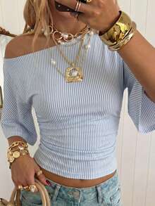 SHEIN EZwear 休闲简约风 1064 细条纹印花 95% 棉针织 T 恤，女款，适合春夏穿着 - 彩色 - 查看 3