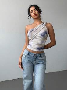 Aloruh Áo croptop nữ kiểu dáng thanh lịch, gợi cảm, in họa tiết tie-dye, chất liệu lưới, ôm sát, xếp ly, thắt nơ phía trước, phong cách Y2K. - Bụi tím - Xem 3