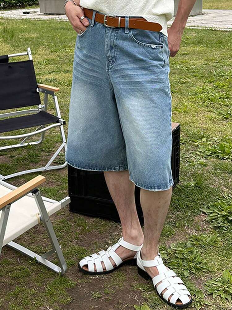 Washed Blue Distressed Denim Men's Shorts