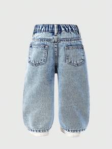 SHEIN Playful Pals Quần jean ống đứng dáng rộng màu xanh nhạt họa tiết động vật dễ thương dành cho bé gái mới biết đi, phù hợp mặc hàng ngày và mặc đi học - Rửa nhẹ - Xem 2