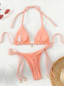 Swim Basics 2026 女款夏季海灘素色掛脖綁帶性感比基尼泳衣套裝 - 珊瑚粉 - 查看 2