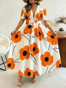 Ceyna Đầm hoa lãng mạn, thanh lịch mới dành cho nữ cỡ lớn, đầm đi nghỉ mát không tay, đầm dài xòe xẻ tà bên hông dệt in họa tiết cho mùa hè. - trái cam - Xem 1