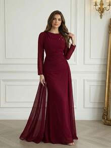 Modelyn Vestido de noche de manga larga de alta gama, vestido formal elegante para fiestas, elegante y lujoso estilo de señora para festival de música primavera/verano, vestido de invitada de boda - Burdeos - Ver 3