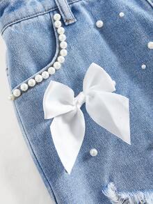 SHEIN Girlism Tween女孩時尚休閒Y2K復古酷街頭風白色珠飾綁帶蝴蝶結藍色牛仔寬鬆後腰束帶短褲，Tween女孩服飾，日常穿搭，春夏Rave派對祭典街頭穿搭，美觀迷人 - 淺色水洗藍 - 查看 3