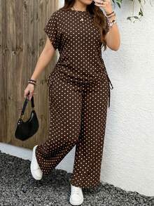 EMERY ROSE Mother's Day Vacation Boho Style Polka Dot Pattern Casual Minimalist 2 Pieces Set, Suitable For Summer, Plus Size - Brown - View 2