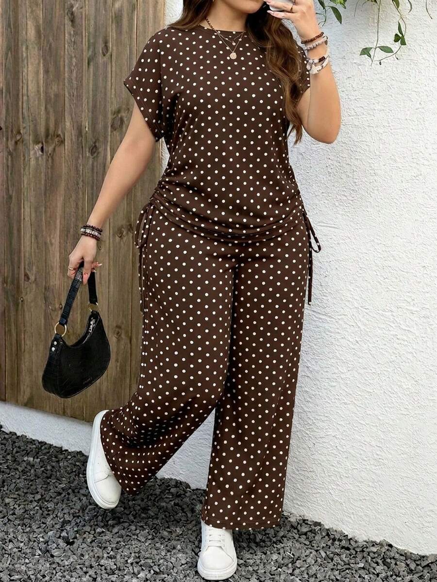 EMERY ROSE Mother's Day Vacation Boho Style Polka Dot Pattern Casual Minimalist 2 Pieces Set, Suitable For Summer, Plus Size
