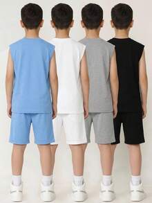 SHEIN Bộ 4 áo thun dệt kim không tay cổ tròn màu trơn, phong cách đường phố, in chữ, dành cho trẻ em/bé trai, 4 màu, thích hợp cho đi làm, đi học, mặc thường ngày, chơi thể thao, mùa xuân/hè, đi nghỉ mát. - Nhiều màu - Xem 3