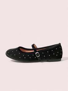 CUCCOO DOLLMOD Chaussures à bout rond, à tige basse avec boucle, semelle souple, chaussures rétro françaises pour femmes à enfiler, chaussures de grand-mère cloutées, chaussures de ballet polyvalentes de mode pour femmes, Chaussures de la Saint-Valentin - Noir - Voir 2