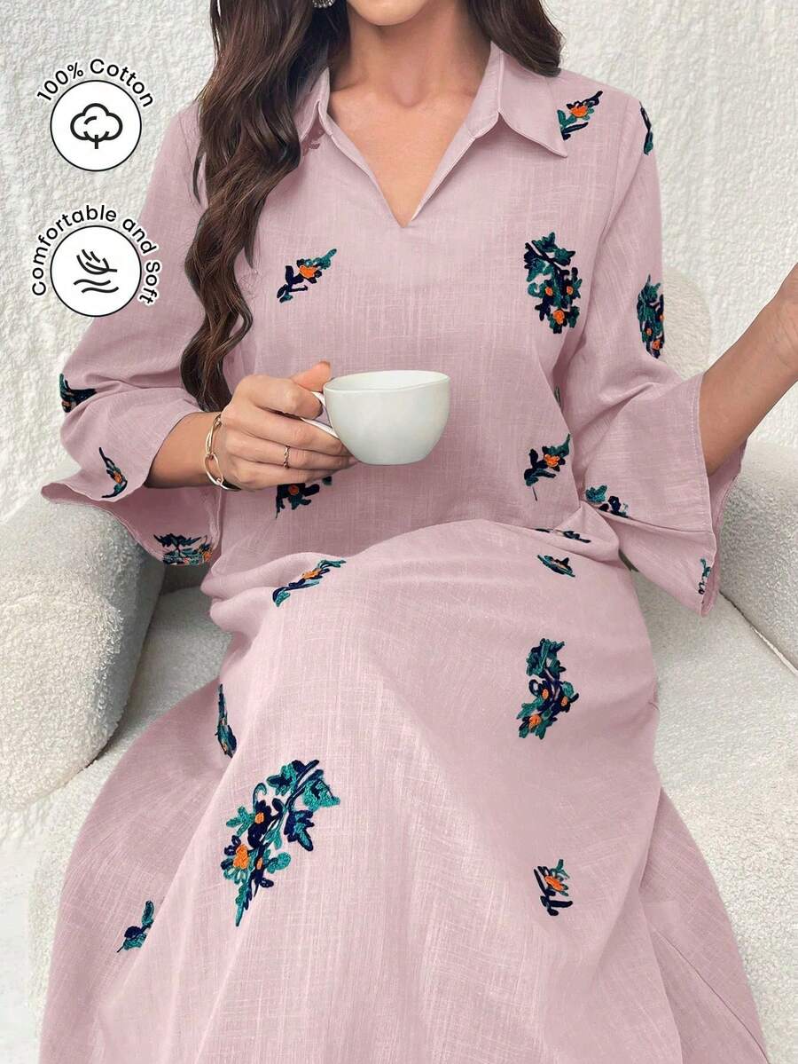 Al Najma Đầm thường ngày cổ bẻ thêu lỗ - Màu tím hoa cà - Xem 1