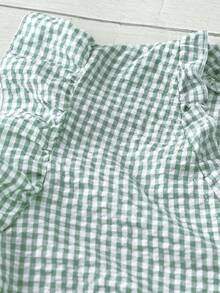 SHEIN LUNE CURVE 大码女式经典格纹V领荷叶边花瓣袖修身休闲常规衬衫 - 綠色 - 查看 4