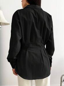 EURMUSE Women's Solid Color Fit Waist Detail Long Sleeve Blouse Women Shirt, Elegant Smart Casual Style Shirt Office Brunch Black Autumn - Black - View 3