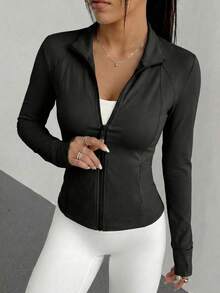 Sudadera deportiva ajustada cierre frontal manga larga cuello alto - Negro - Ver 1