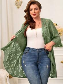 Miaspire Plus Size Solid Color Asymmetric Hem Casual Loose Jacket, Spring/Summer - Green - View 6