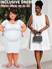 SHEIN CURVE+ Spring/Summer New Arrival Vacation & Casual Solid White Loose Sleeveless A-Line Plus Size Mini Dress For Women - White - View 4