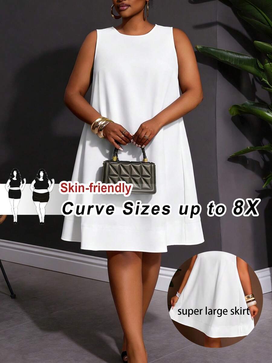 SHEIN CURVE+ Spring/Summer New Arrival Vacation & Casual Solid White Loose Sleeveless A-Line Plus Size Mini Dress For Women