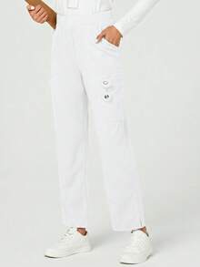 TaskEZ Solid Color Slant Pocket Elastic Waist Pants, Scrub Bottom - White - View 5