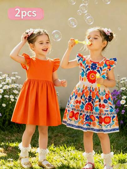 2pcs Young Girls' Fashionable Casual Floral Print Matching Solid Color Flare Sleeve Dress, Suitable For Summer Beach Vacation, Sisterhood Outfit