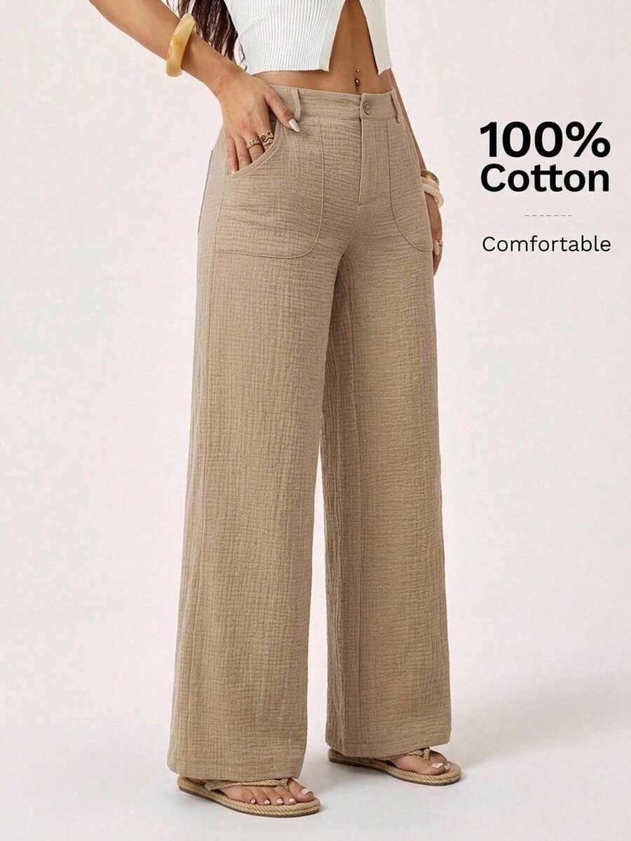 SHEIN PETITE 100% 水洗棉低腰直筒裤 - 卡其色 - 查看 1