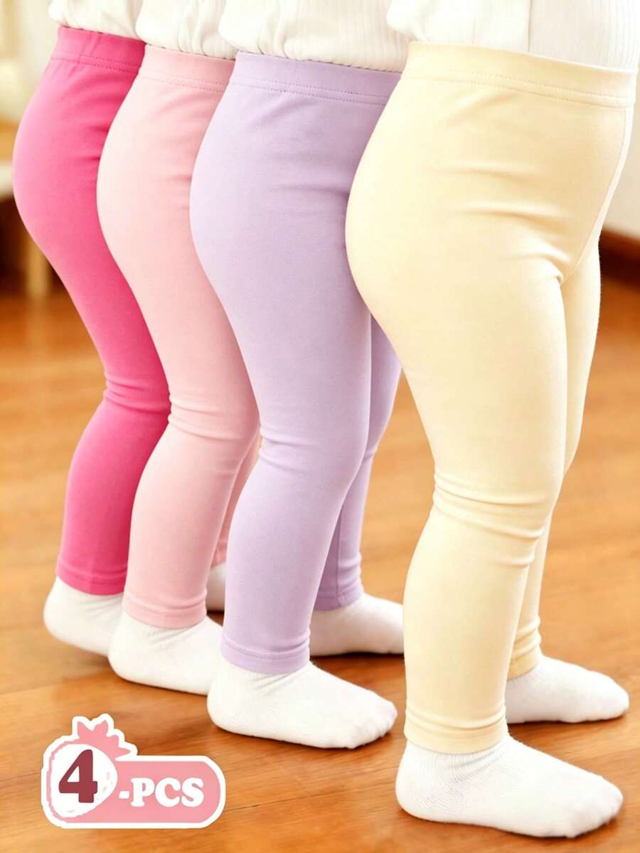 Souflis Souflis 4件組女嬰純色彈性腰緊身褲襪套裝 可愛甜美多巴胺色系 淺米色 秋冬休閒 畢業季 春夏穿搭 - 彩色 - 查看 1