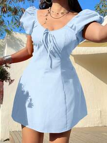 Sunnyshic Plus Size Spring/Summer Solid Color Scoop Neck Ruffle Tie Bow French Design Romantic Vacation Sweet Fitted A-Line Lantern Sleeve Summer Dress - Blue - View 1