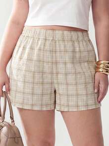 Solavibe Plus Size Casual 90s Plaid Shorts Back-To-School Graduation Beige Summer - Khaki - View 6