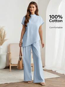 Easowa 100%纯棉杏色宽松女士两件套，立领蝙蝠袖短袖不对称下摆衬衫搭配长裤，保守时尚套装，适合办公室、通勤和日常休闲穿着，春夏款。 - 淺藍色 - 查看 2