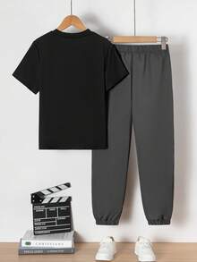 Vacaura 2pcs Teenager Spring/Summer Round Neck Casual Printed T-Shirt & Drawstring Pants Set, Suitable For Daily, Commuting, Outdoor Wear - Grey - View 2