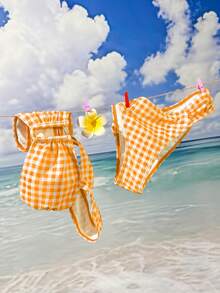 Swim Mod 女款新款圓點印花寬肩帶U領比基尼套裝，短版上衣與高衩比基尼泳褲，性感夏季泳裝 - 彩色 - 查看 3