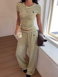 SHEIN EZwear 女士黄色针织条纹刺绣两件套 - 黃色 - 查看 3