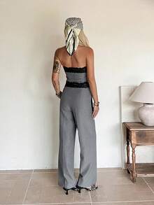 DAZY 女款對比蕾絲短版束胸上衣與直筒長褲優雅夏季兩件套度假裝 - 灰色 - 查看 2