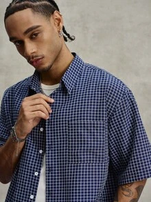 PAVTROS Men's Casual Plaid Short Sleeve Shirt, Boxy Loose Fit, Button-Up Suitable For College Campus, Gift Him, World Cup Outdoor Wear - Blue - View 8