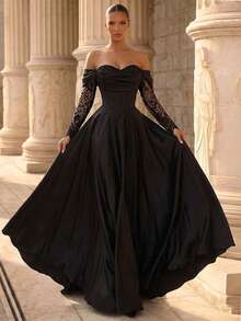 Glamrae Elegantes, luxuriöses Satin Puffkleid mit Spitzenbesatz, schulterfreiem, transparentem Kurzarm, geeignet für Hochzeiten, Partys, Dates, Galas (reich verziert) - Schwarz - Übersicht 2