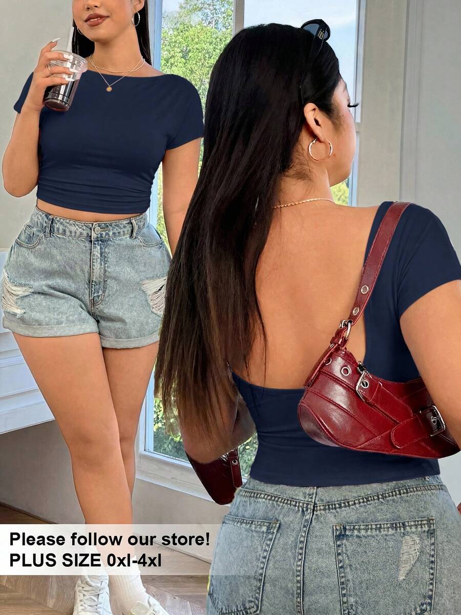 SHEIN EZwear Plus Size Solid Color Backless Fitted Summer Navy Blue Short Sleeve T-Shirt - Navy Blue - View 1