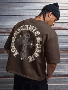 AXEPEAK Men's Casual Loose Short Sleeve T-Shirt, White With Printed Rhinestone Handmade Label, Summer - Brown - View 5