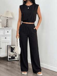 Set Of Two-Piece Sleeveless Short Top, Wide Pants For Summer. - 黑色 - 查看 1